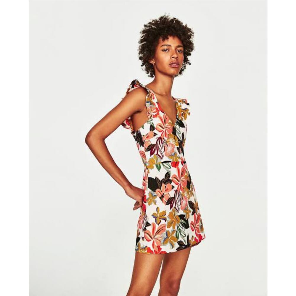 ZARA Tropical Floral Ruffle Sleeveless Cut Out Skort Playsuit Romper Dress M